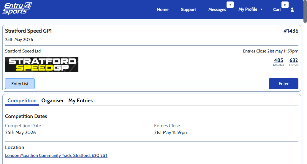 Organiser tab links list with Manage Entries highlighted