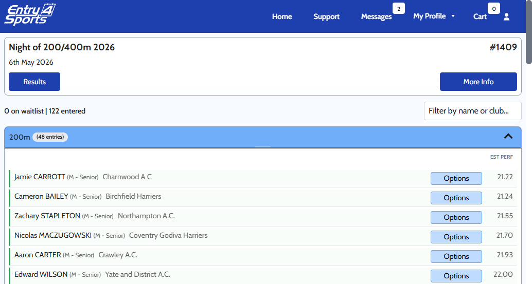 Main view showing grouped events with entered athletes with green borders and event header counts