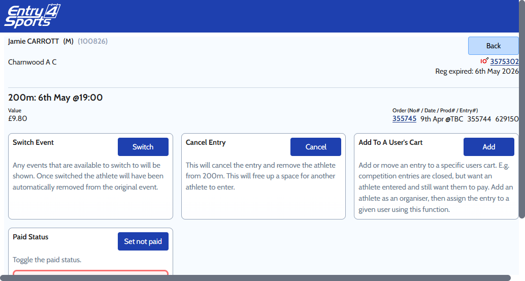 Athlete Options panel open showing event change, cancel entry, and transfer options