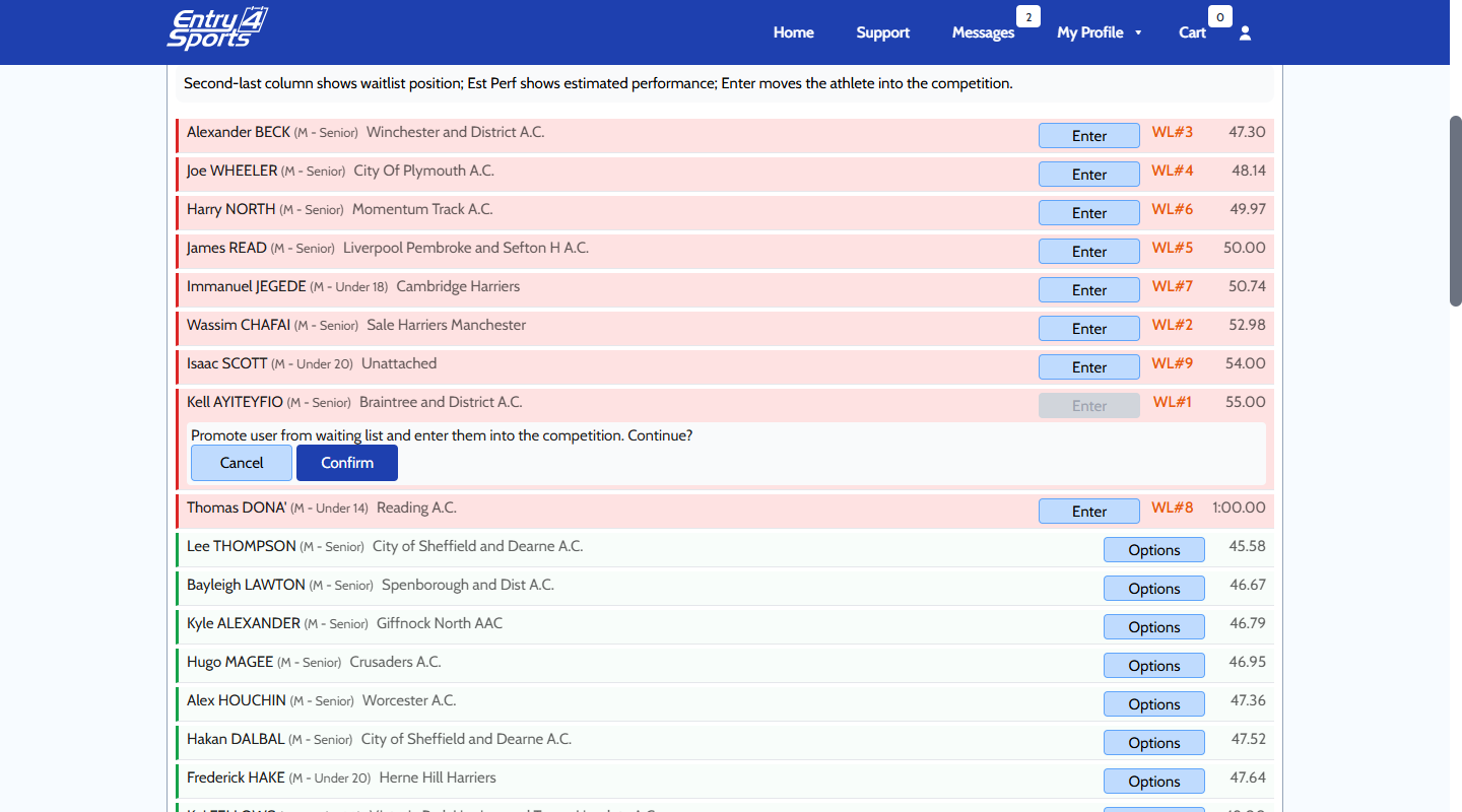 Confirmation dialog for promoting a waitlisted athlete
