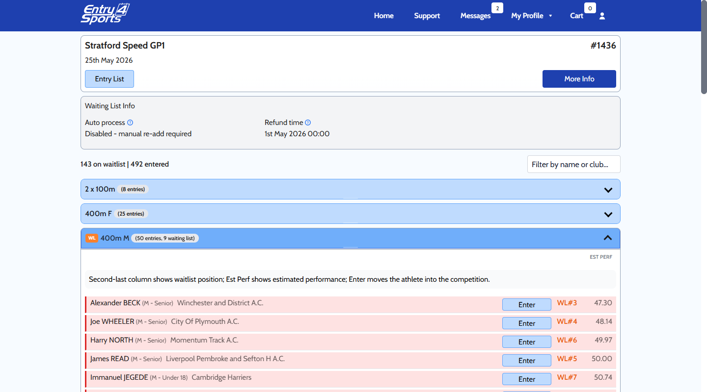 Waitlist view with Enter buttons and WL# position badges
